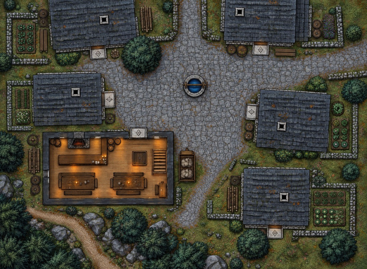 Battlemap eines Dorfplatzes bei Nacht