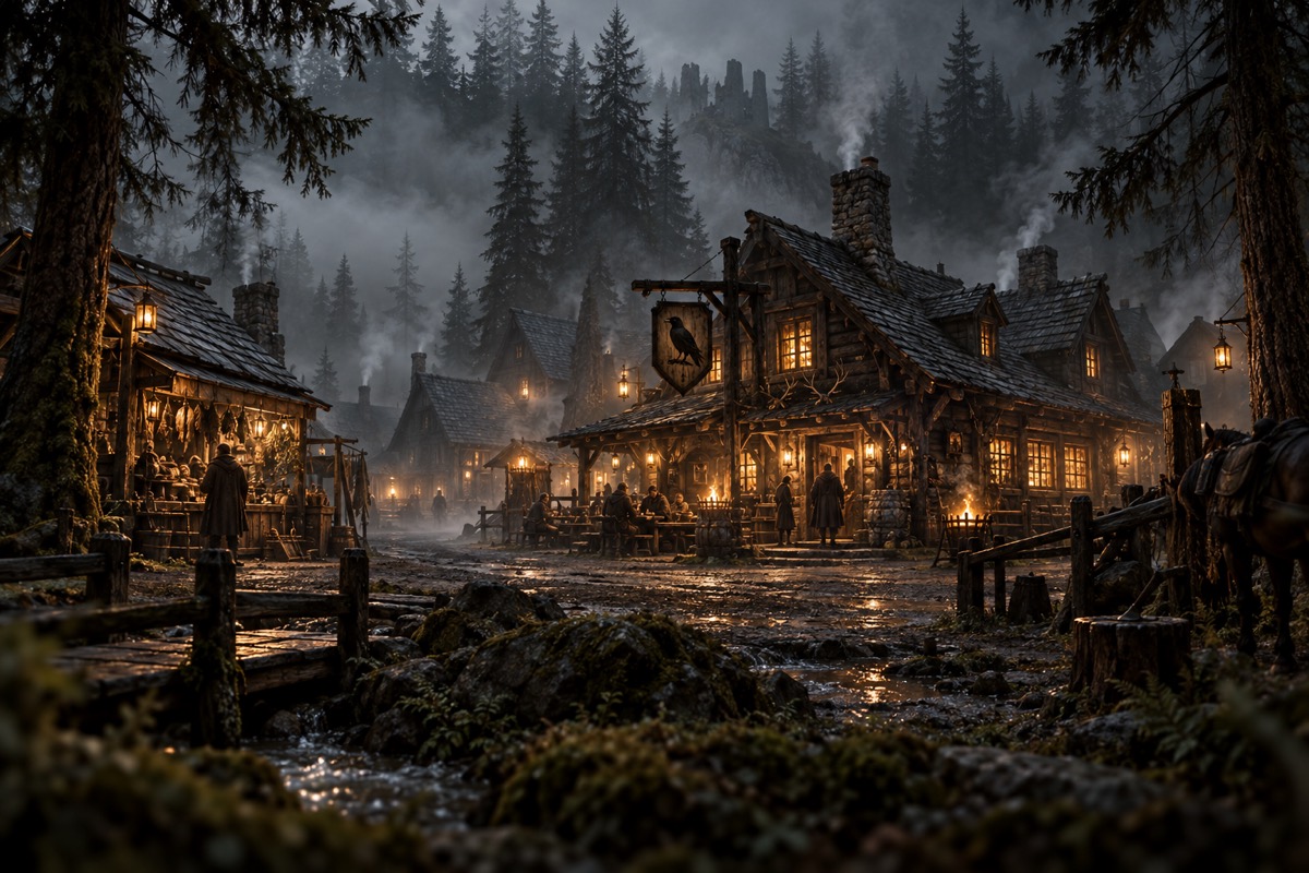 Ein Dorf im Wald bei Abendlicht