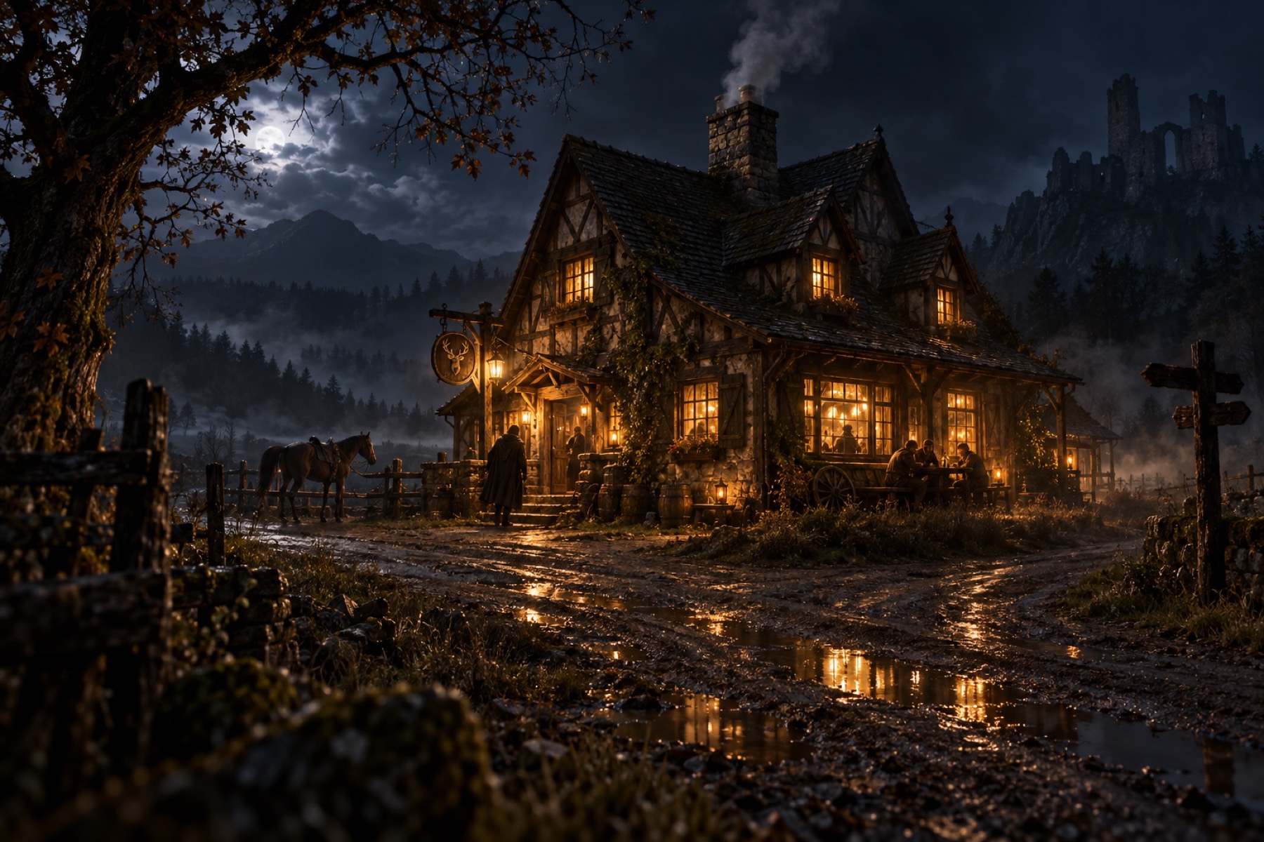 Ein Wirtshaus bei Nacht, Licht in allen Fenstern