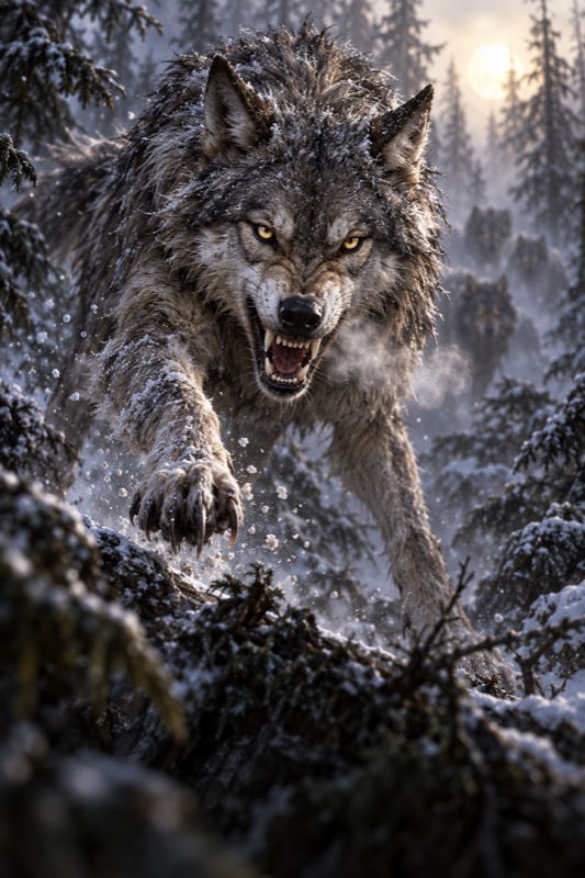 Derselbe Wolf springt fauchend an