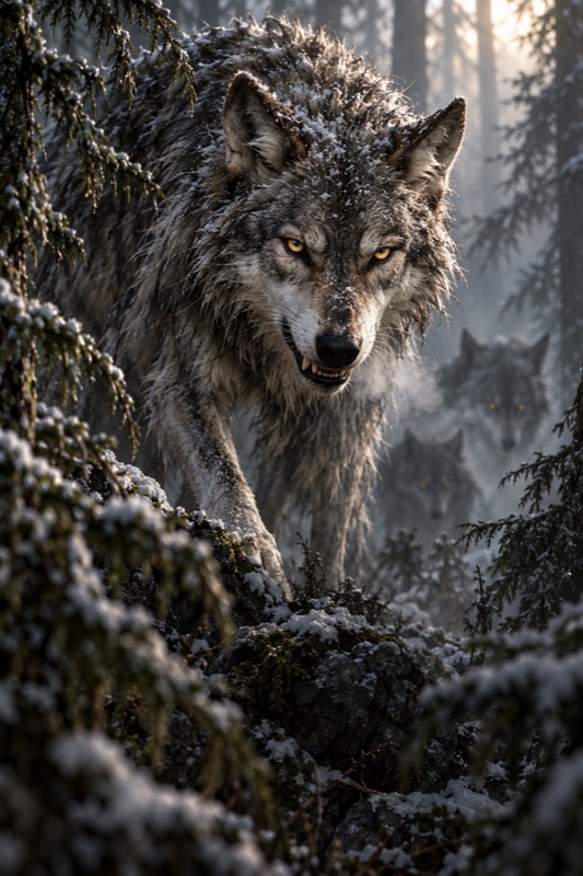 Ein Wolf lauert im verschneiten Wald