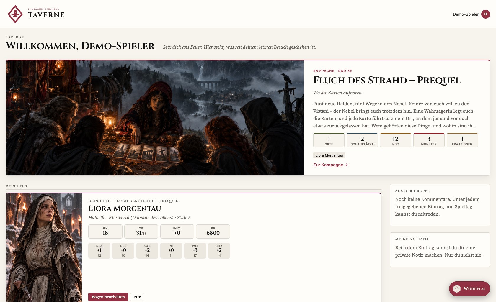 Taverne: Startseite mit Kampagnenbanner, Zählern und der Heldenkarte