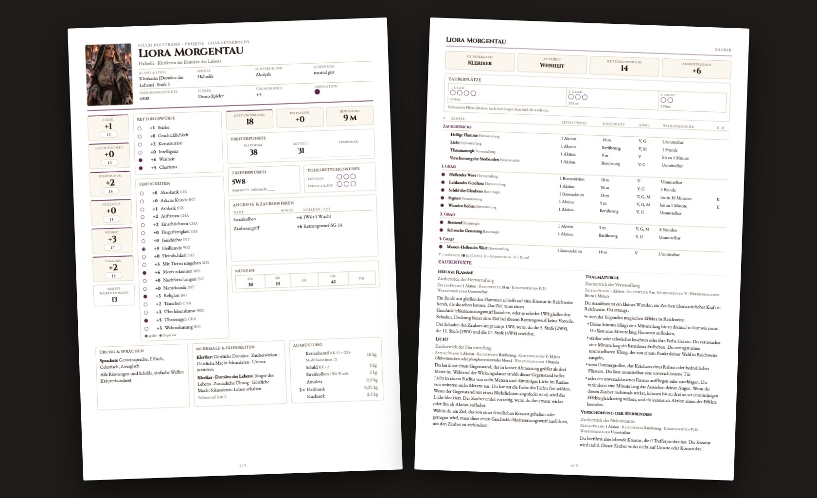 Charakterbogen als PDF: Kernseite und Zauberseite